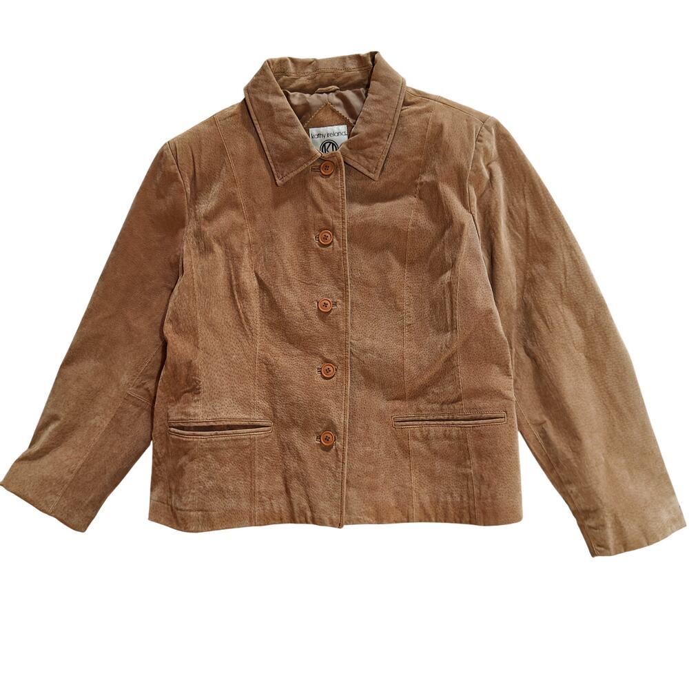 Kathy Ireland Tan Leather Blazer Jacket Womens Large Button Front Classic